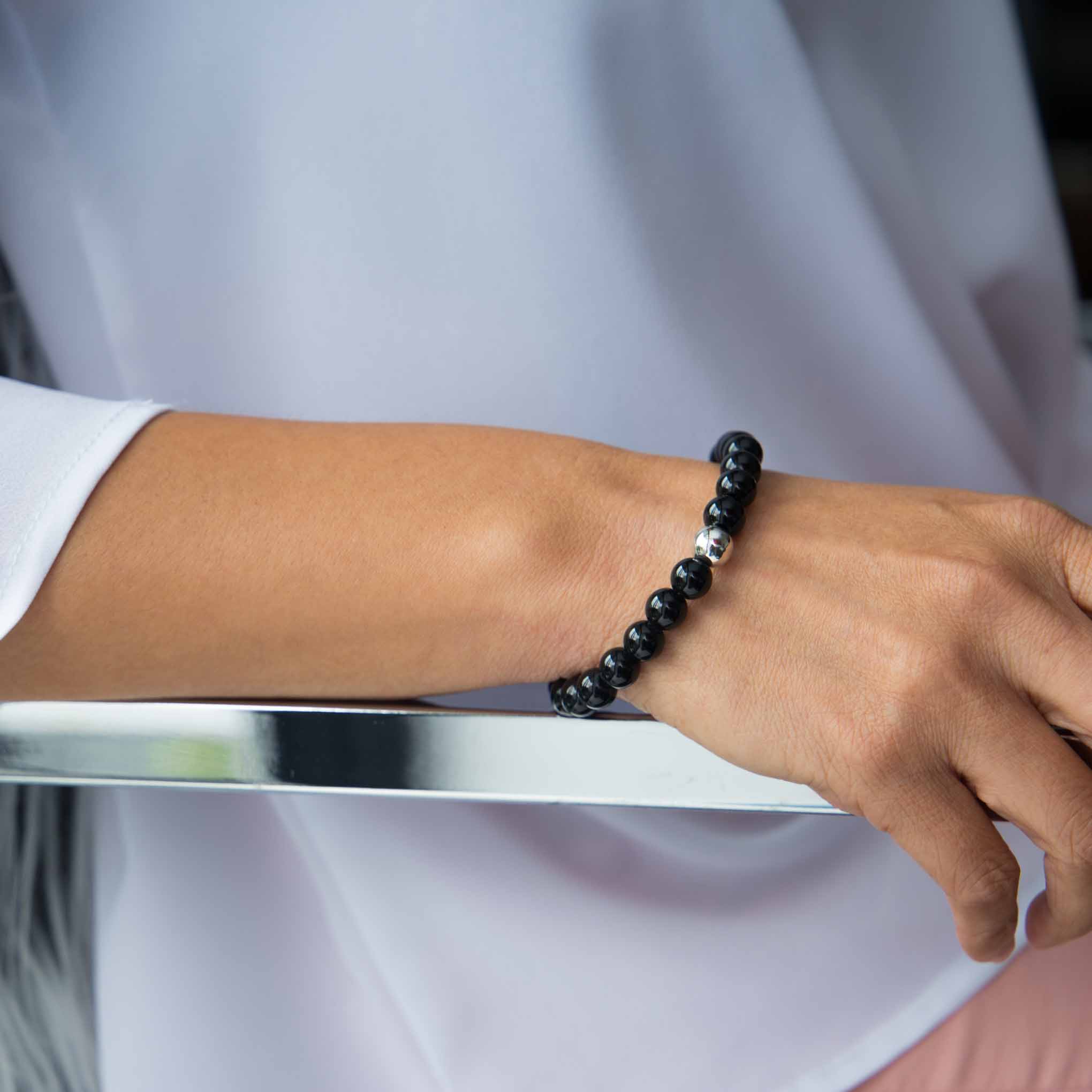 Pulsera esferas de piedras ónix con plata