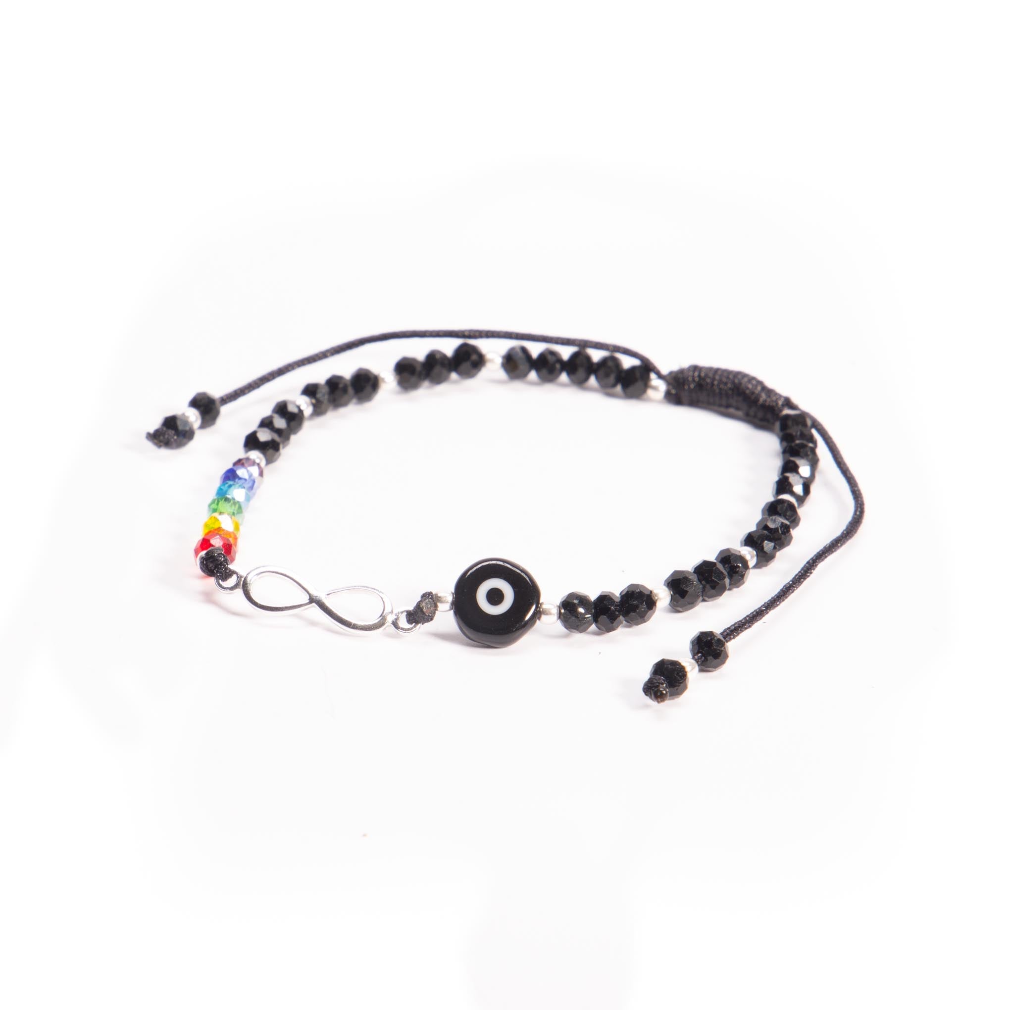 Pulsera de hilo con infinito de plata, cristalitos y ojo turco de plata mexicana