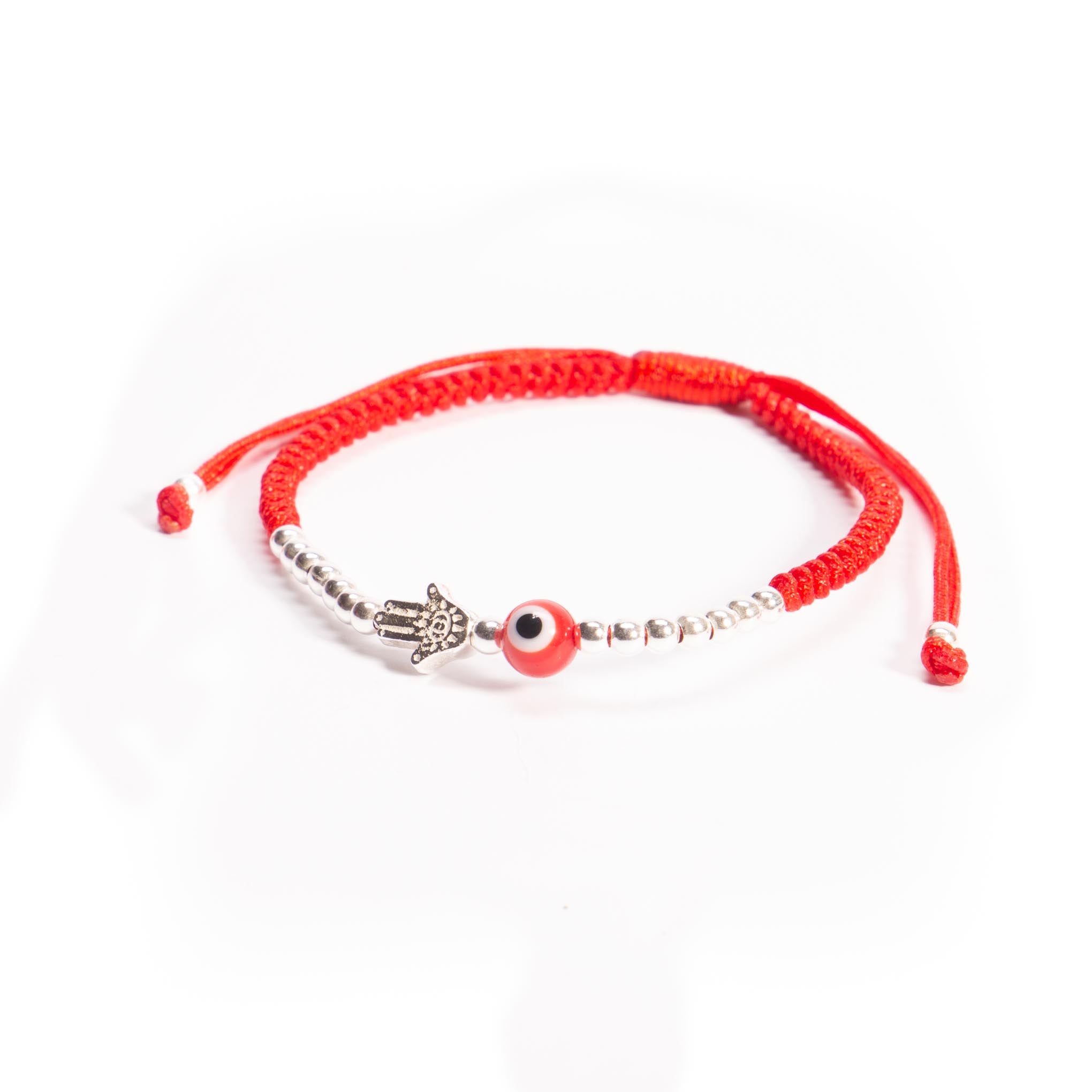 Pulsera de hilo con mano de fatima de plata y ojo turco de plata mexicana
