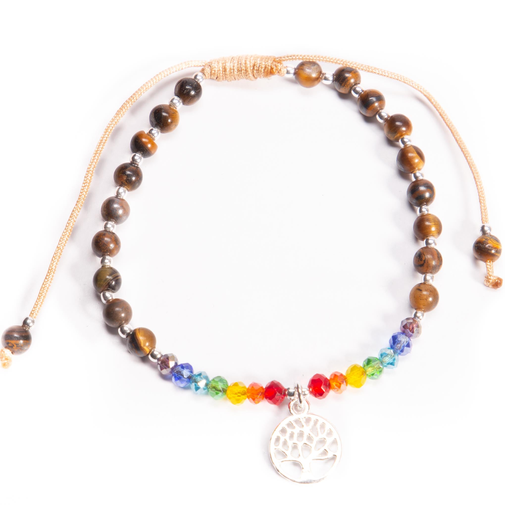 Pulsera de hilo con dije de arbol de la vida de plata, cristalitos y ojos de tigre. de plata mexicana