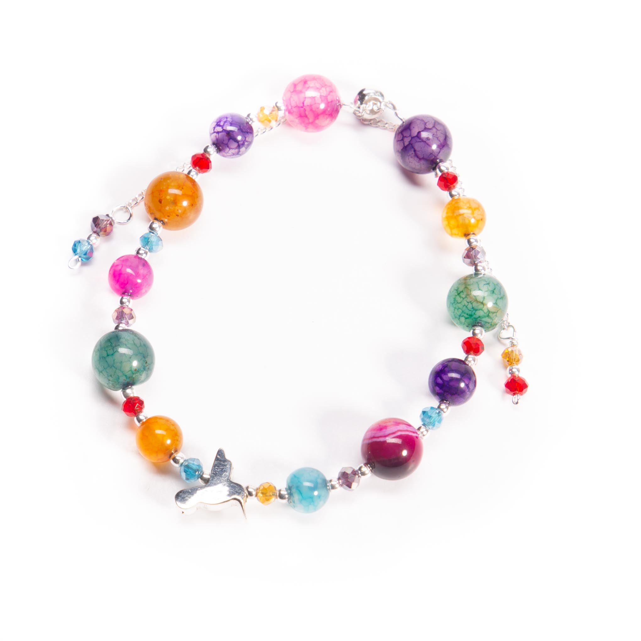 Pulsera de agatas con dije de colibri en plata de plata mexicana