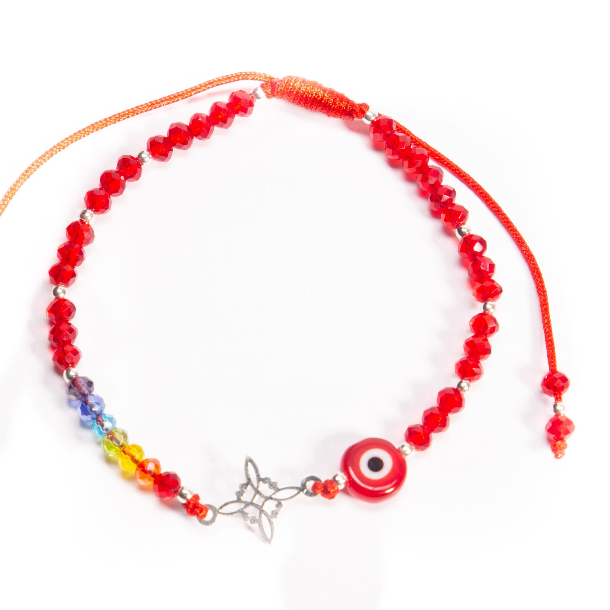 Pulsera de hilo con dije de nudo de bruja de plata, cristalitos y ojo turco de plata mexicana