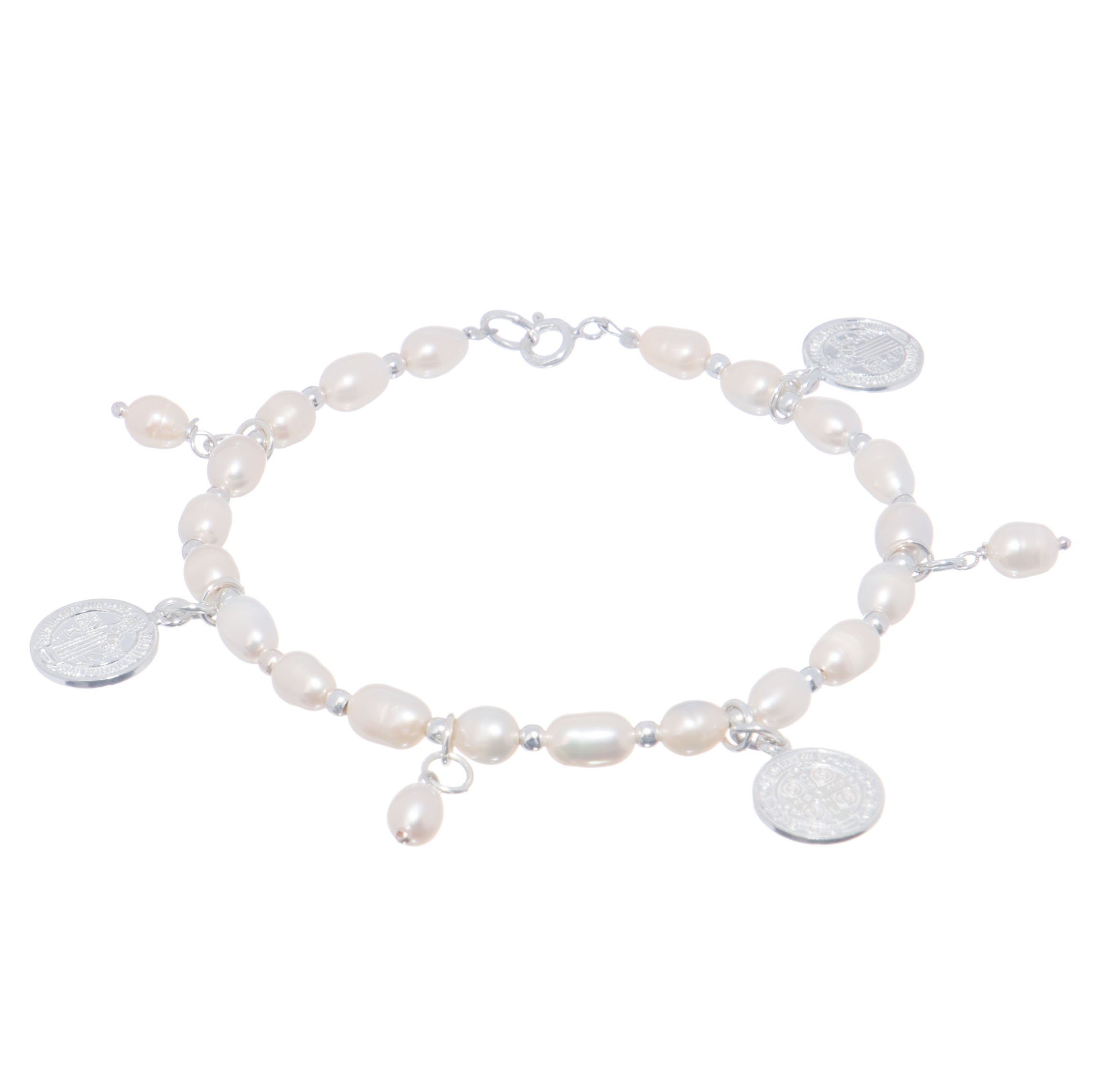 Pulsera San Benito de plata con medallas colgantes