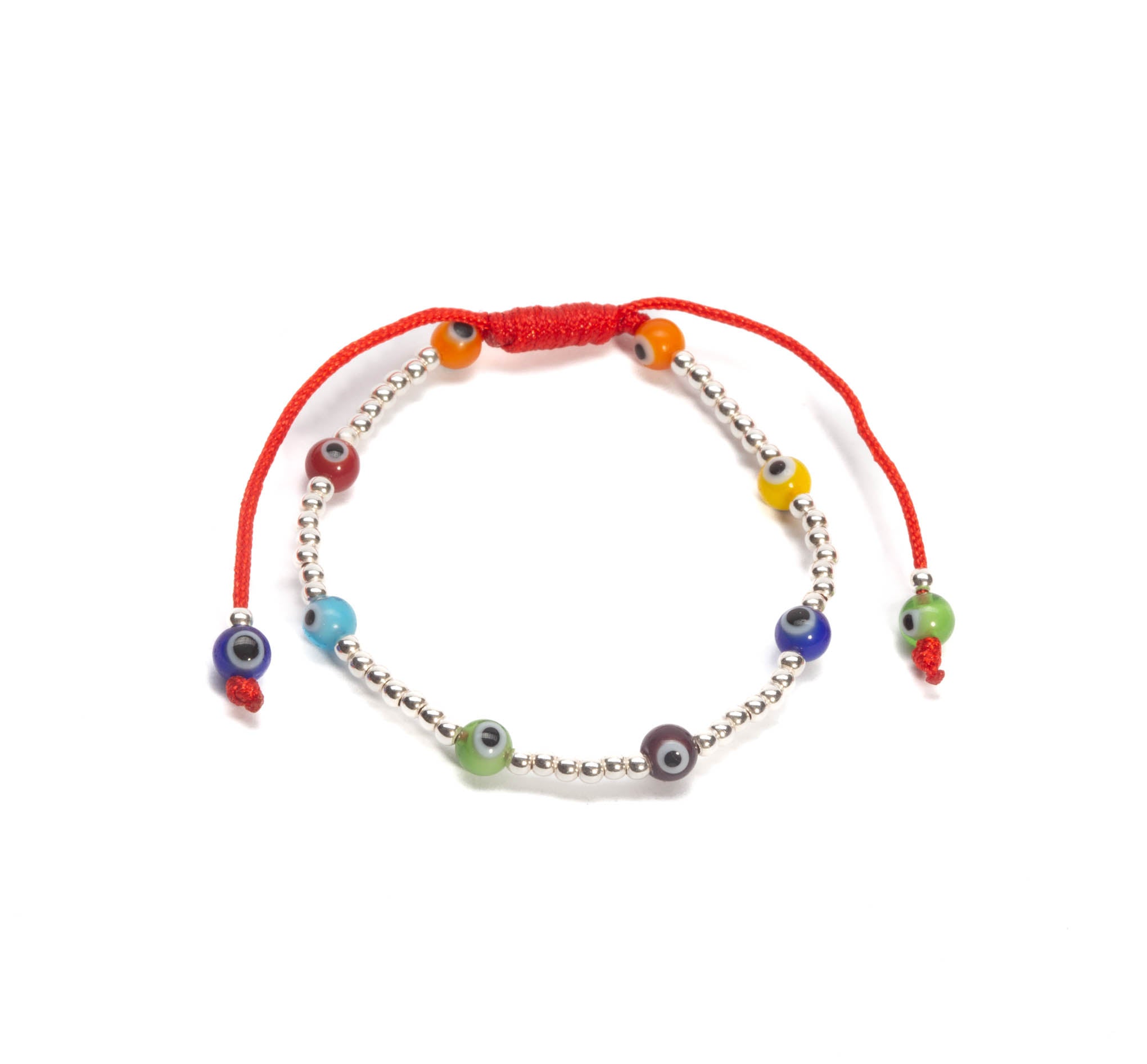 Pulsera infantil de hilo ojos turcos multicolor con esferas de plata de plata mexicana