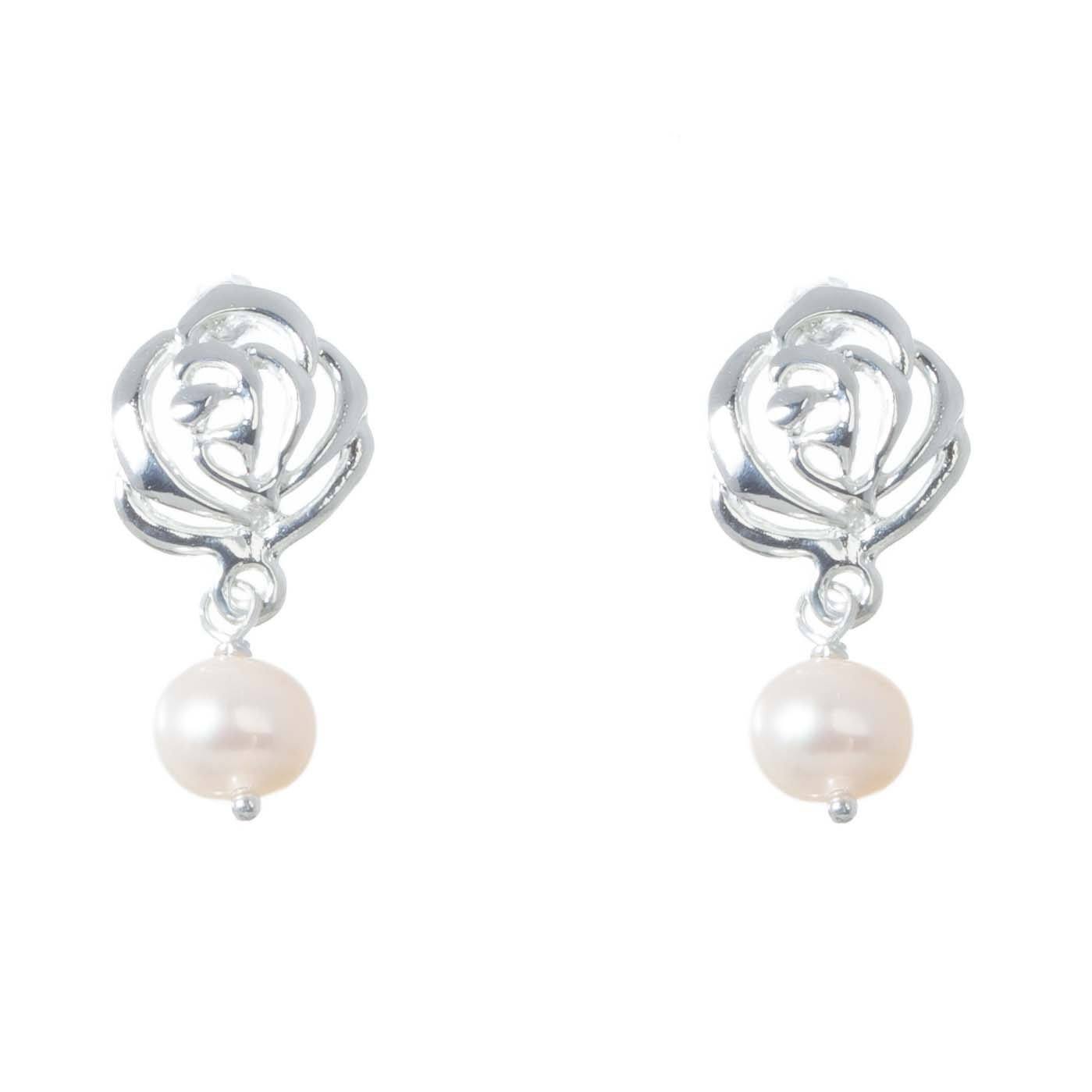 Aretes contorno  rosas de plata con perlas