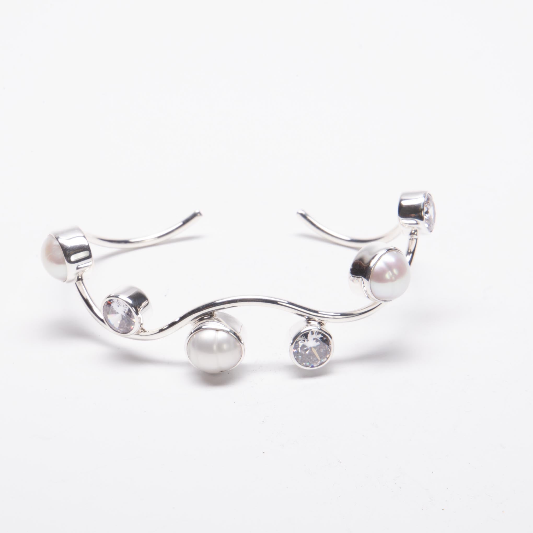 Brazalete Zirconias y Perla de plata mexicana